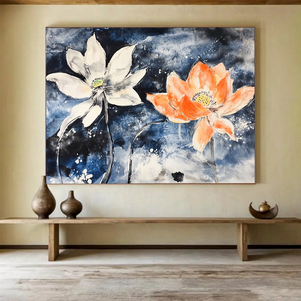 “Lotus Flowers In Blue” - Blue, White, Orange, Ink - Wash Floral Painting On Canvas HB0680