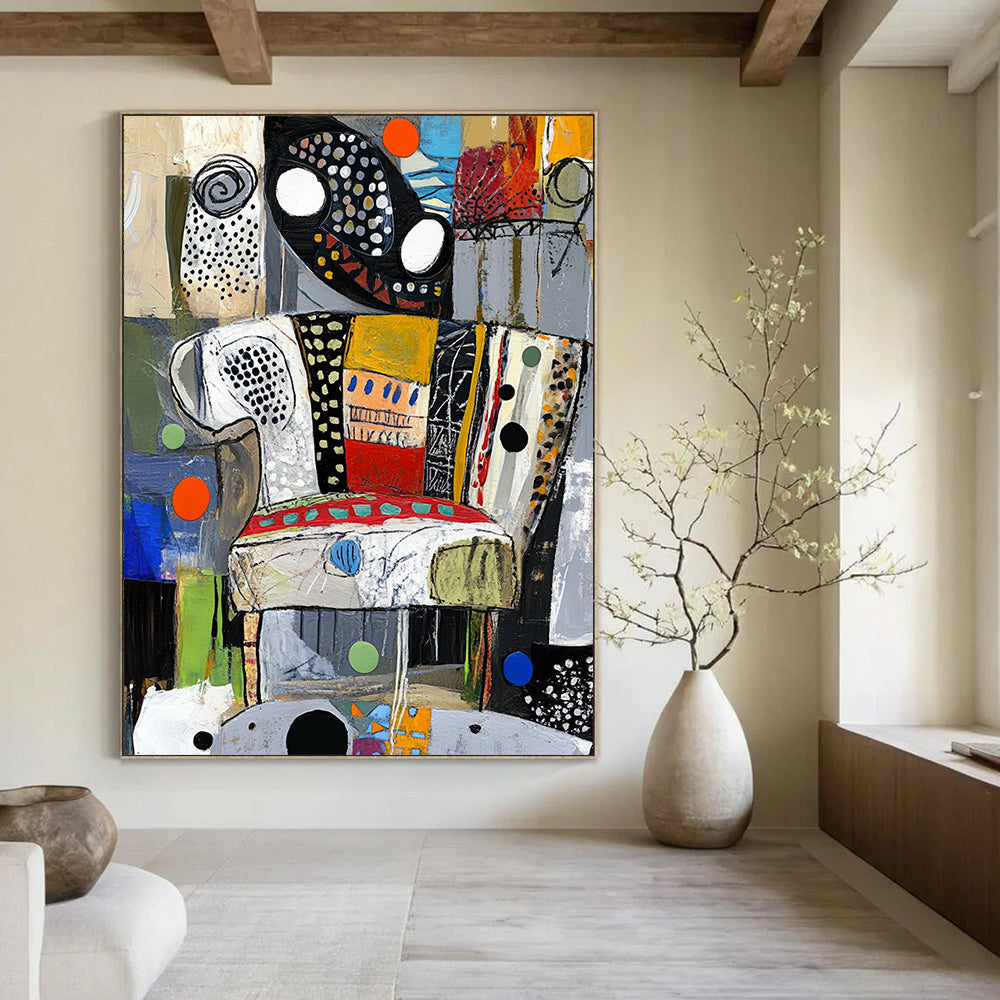 Contemporary abstract painting showcasing vibrant colors and dynamic textures evoking a stylized chair through circles and swirls. DLZ1367