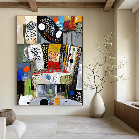 Contemporary abstract painting showcasing vibrant colors and dynamic textures evoking a stylized chair through circles and swirls. DLZ1367