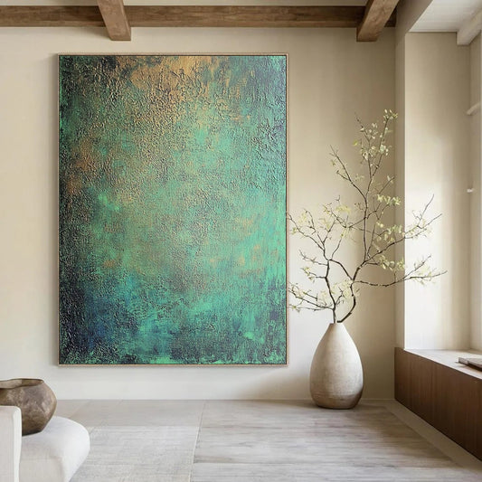 Contemporary hand-painted abstract art features intricate textures of dark green and blue tones with metallic sheen and subtle red accents. DLZ1167