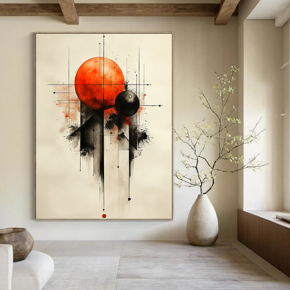 Contemporary abstract painting featuring geometric shapes with an orange sphere and black spheres on a textured white background. DLZ0857