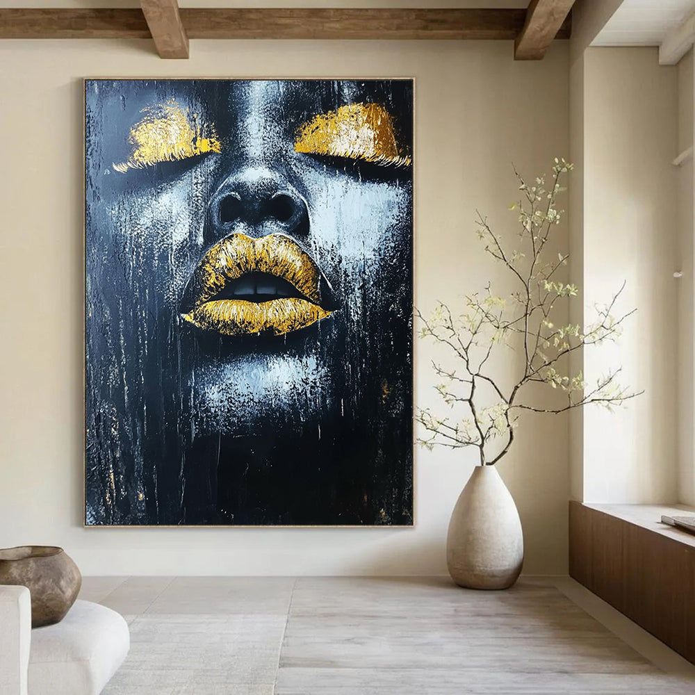 Contemporary hand-painted abstract art featuring an African woman's lips with gold leaf highlights on a dark textured background. DLZ1542