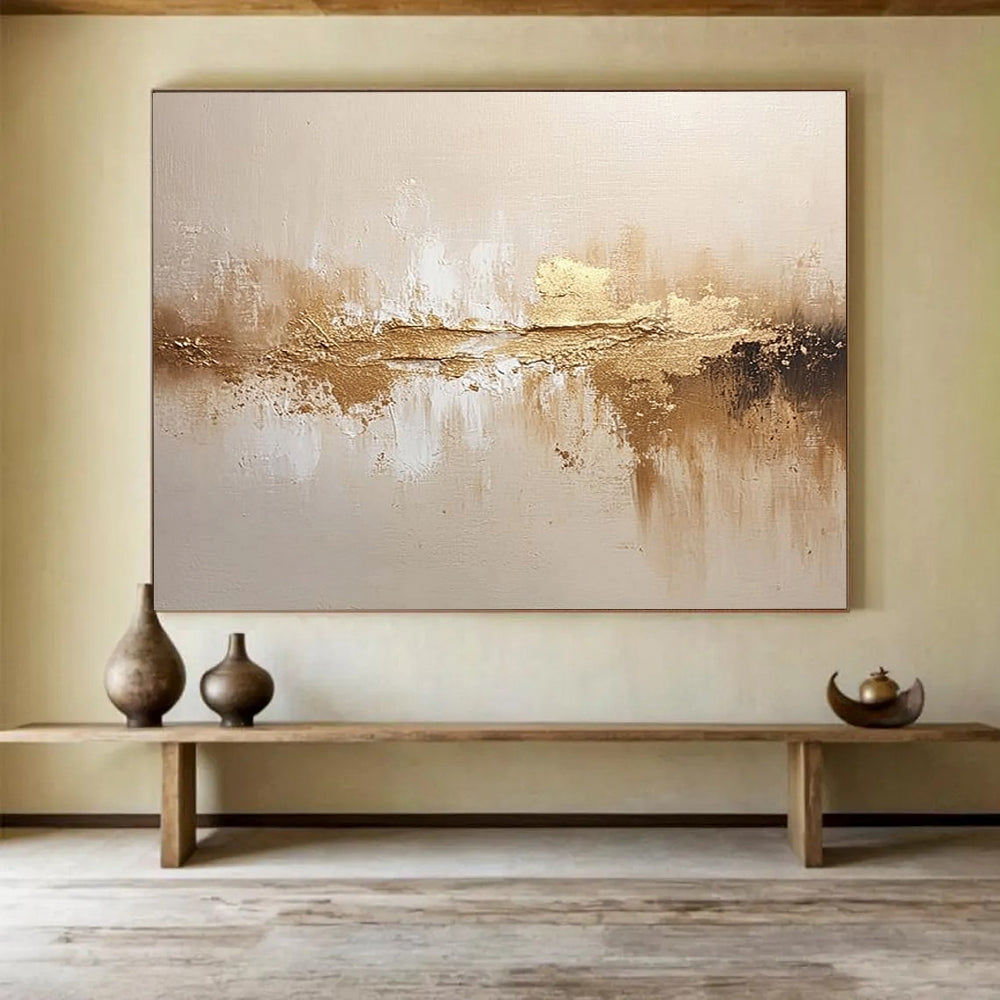 “Golden - Beige Reflective Abstraction” - Gold, Beige, Reflective Textures Painting On Canvas HB0791