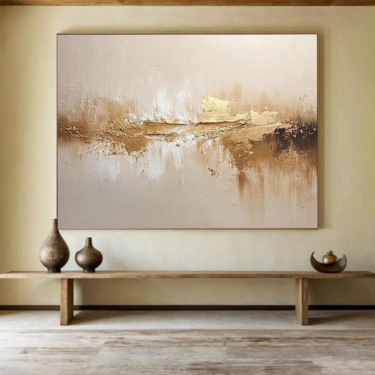 “Golden - Beige Reflective Abstraction” - Gold, Beige, Reflective Textures Painting On Canvas HB0791