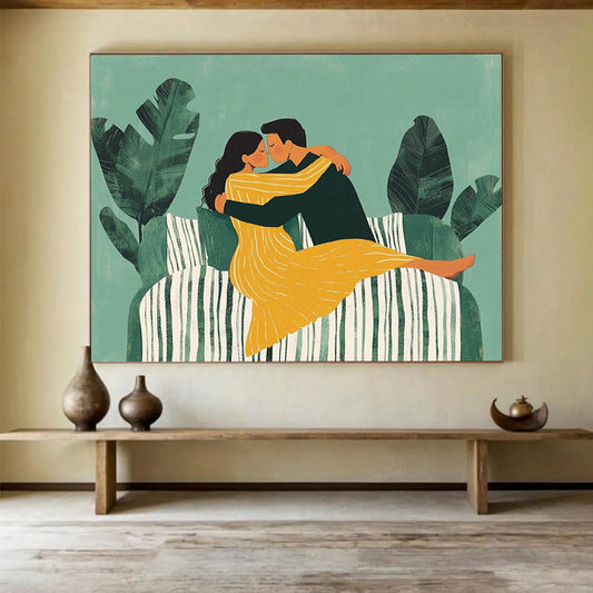 “Cozy Couples’ Embrace” - Greens, Yellows, Whites, Loving Illustration - Whimsical Wall Art HB1562