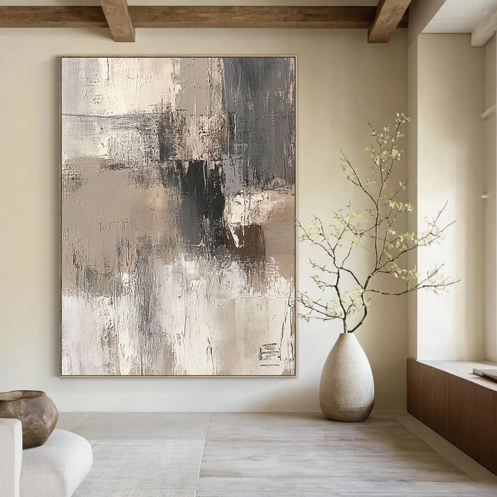 Contemporary hand-painted abstract art features beige and white brushstrokes on a textured gray background for a dreamy rustic charm. DLZ1133