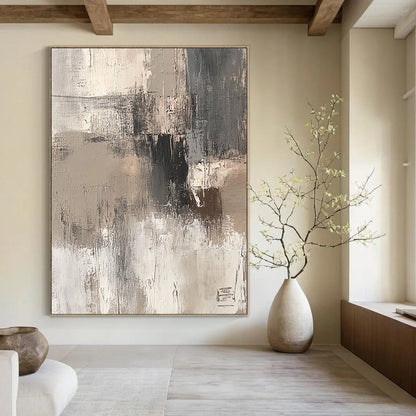 Contemporary hand-painted abstract art features beige and white brushstrokes on a textured gray background for a dreamy rustic charm. DLZ1133
