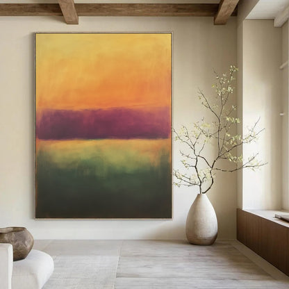 Vibrant contemporary hand-painted abstract artwork featuring soft orange and purple tones with a blurred gradient, ideal for enhancing modern spaces. DLZ0938