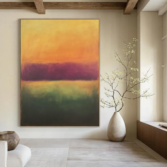 Vibrant contemporary hand-painted abstract artwork featuring soft orange and purple tones with a blurred gradient, ideal for enhancing modern spaces. DLZ0938