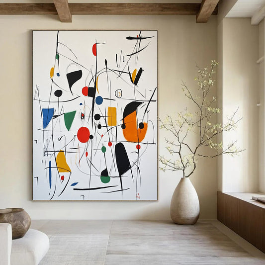 Contemporary abstract artwork featuring expressive shapes in vibrant colors with black red circles green blue squares and dynamic lines evocative of Joan Miró's style. DLZ1511