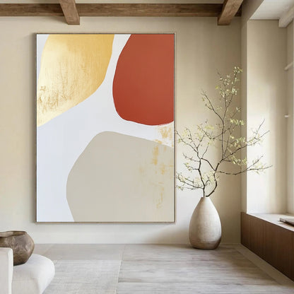 Contemporary abstract art features warm tones with an irregular oval shape, minimalist brushstrokes, and gold leafing on a light gray background. DLZ1518
