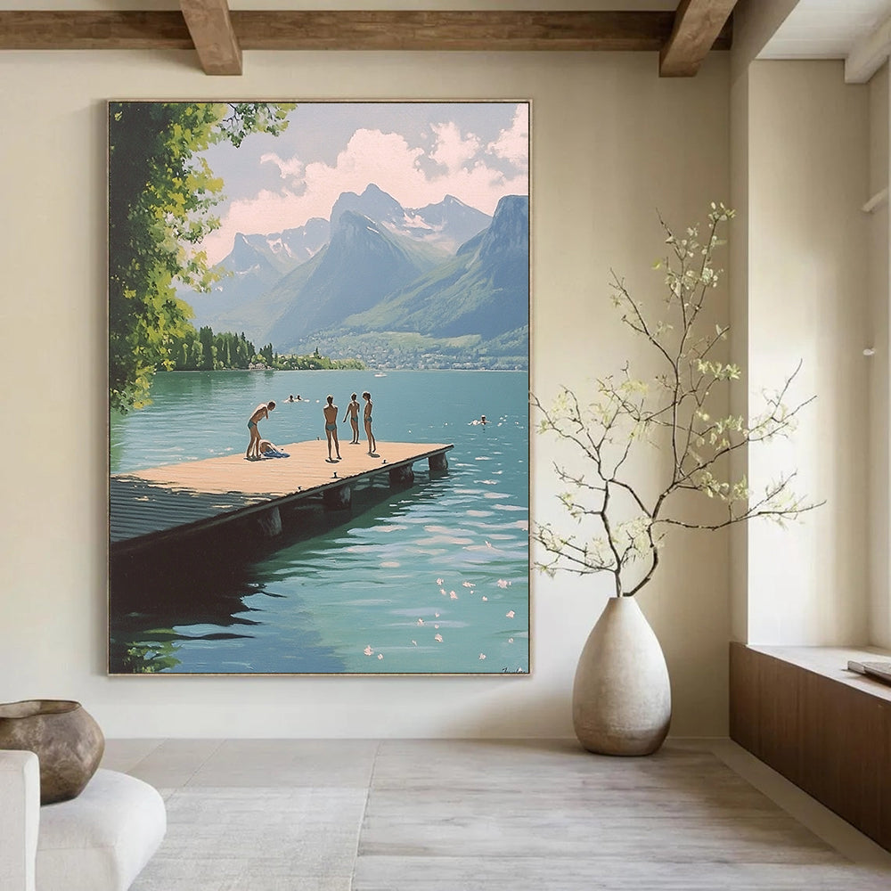 Contemporary abstract painting featuring swimmers on a dock at Lake Annecy with mountains in the background in a nostalgic 1970s vintage style. DLZ1108