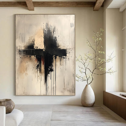 Large contemporary hand-painted abstract artwork featuring a cross in neutral tones with drips splashes and thin lines on a white background. DLZ0593