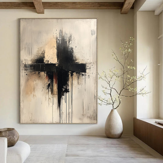Large contemporary hand-painted abstract artwork featuring a cross in neutral tones with drips splashes and thin lines on a white background. DLZ0593
