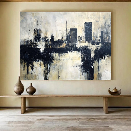 “Monochrome Cityscape Reflection” - Black, White, Beige, Abstract City Reflection Painting On Canvas HB1007