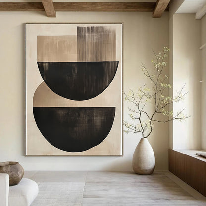 Contemporary large abstract painting featuring elegant black and beige semi-circles on a soothing neutral background, perfect for enhancing any space. DLZ1455