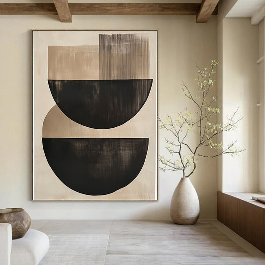 Contemporary large abstract painting featuring elegant black and beige semi-circles on a soothing neutral background, perfect for enhancing any space. DLZ1455