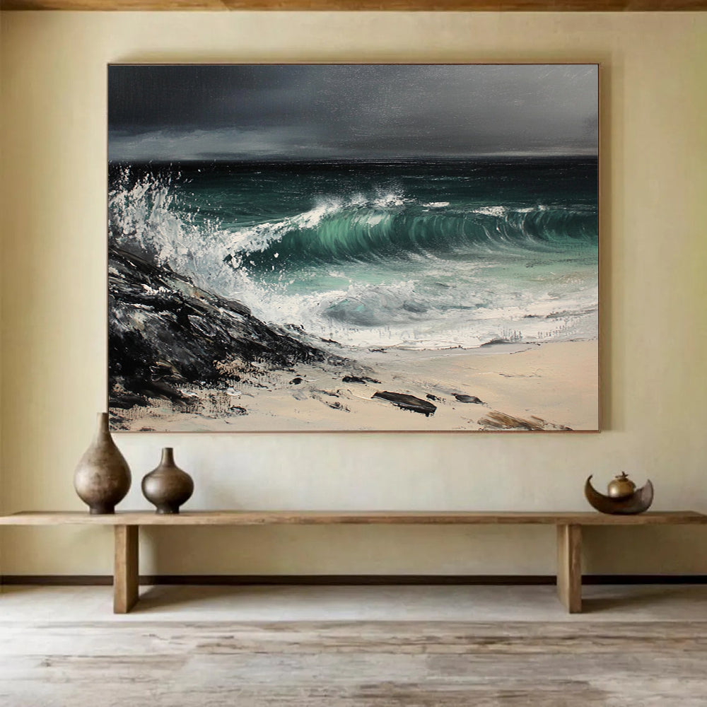 Black, Green, White and Beige Stormy Seaside "Tempest Tide" Painting On Canvas HB0669