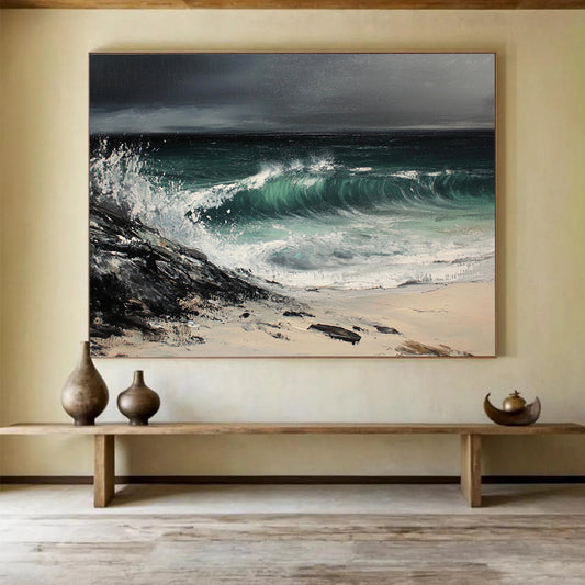 Black, Green, White and Beige Stormy Seaside "Tempest Tide" Painting On Canvas HB0669