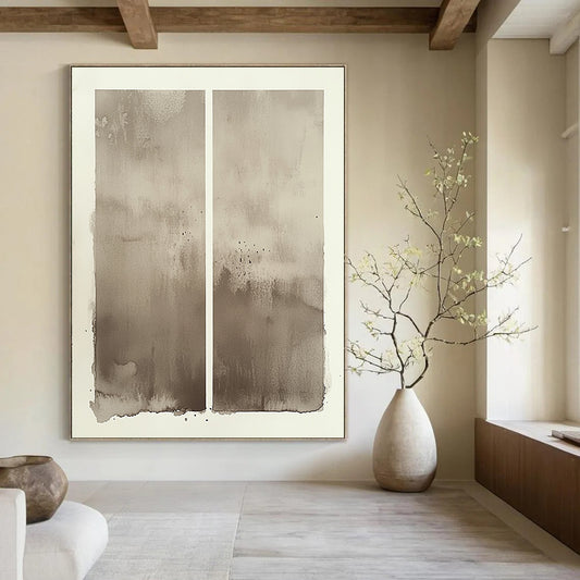 Contemporary hand-painted abstract artwork featuring a muted horizon line in soft tones with textured paper and a vintage feel on watercolor canvas. DLZ1378