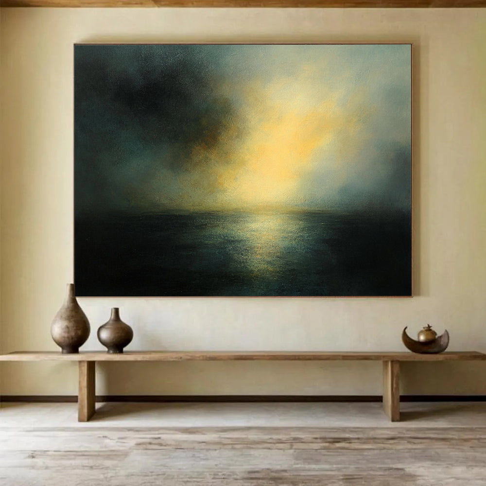 “Dark Coastal Sunset” - Dark Palette, Moody Coastal Sunset Painting On Canvas HB0895