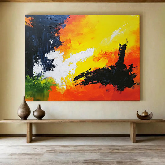 “Fiery Abstract Sky” - Yellow, Orange, Black, Green, Abstract Dramatic Sky Painting On Canvas HB1090