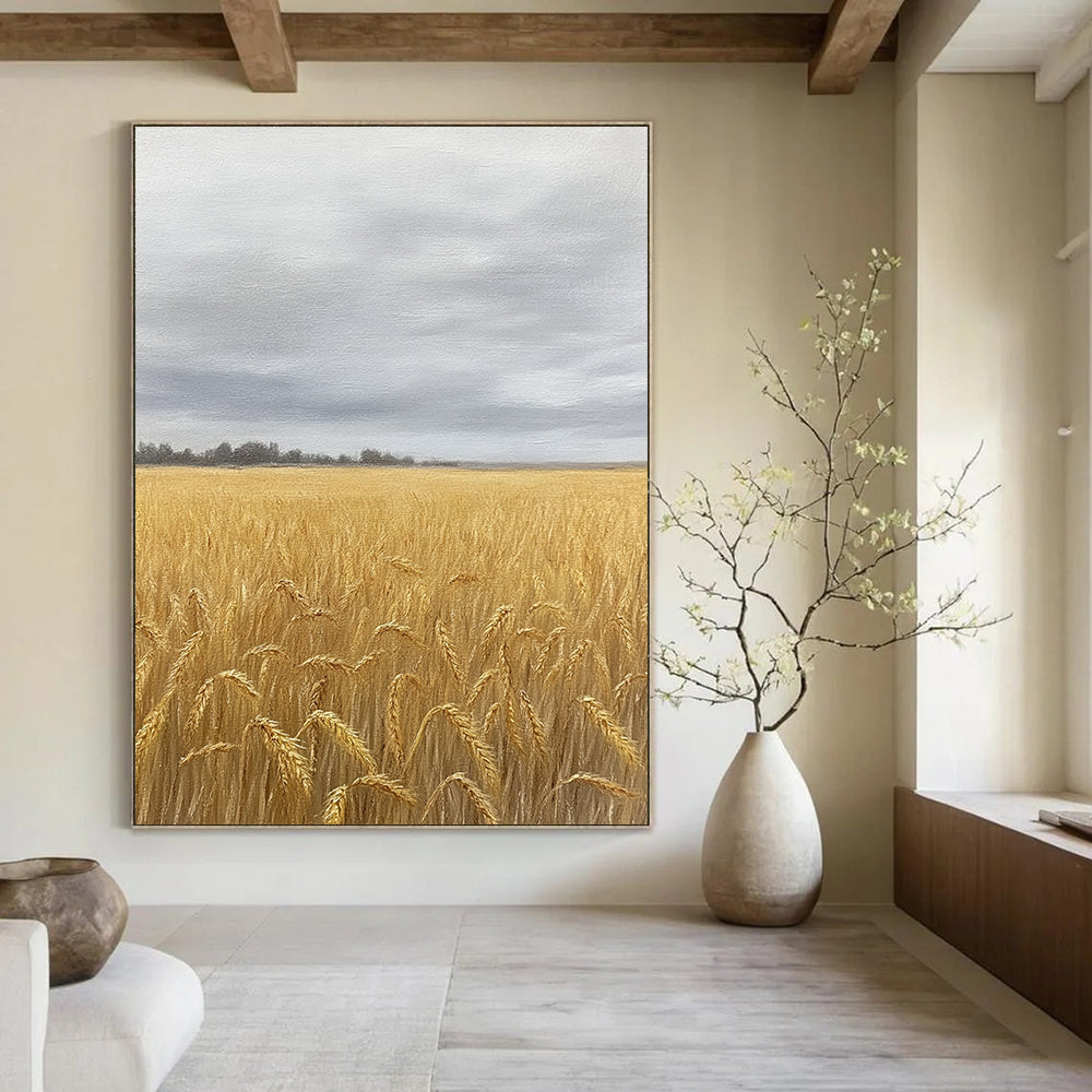 Contemporary hand-painted abstract art featuring a vast wheat field in soft earth tones and greys, capturing nostalgia beneath an overcast sky. DLZ1486
