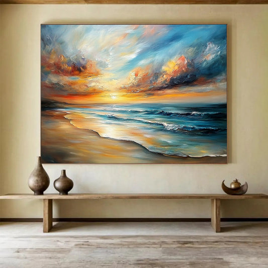 “Dreamy Beach Sunset” - Oranges, Pinks, Yellows, Blues, Beach Scene - Impasto Oil Painting HB1579