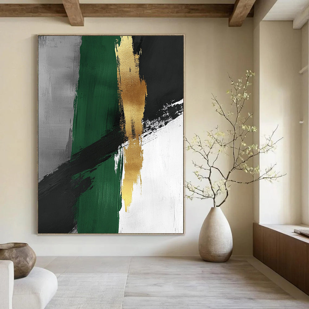 Contemporary abstract artwork featuring minimalist brush strokes in green and grey with luxurious gold accents, creating a serene and sophisticated ambiance. DLZ1615