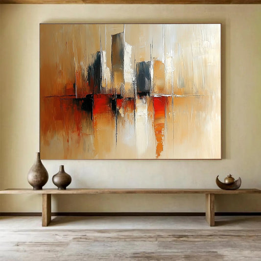 “City Silhouette in Warm Tones” - Beige, Brown, Red, Abstract Cityscape Painting On Canvas HB0966