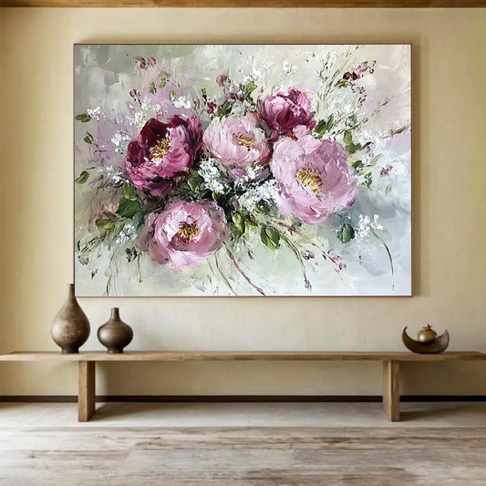 “Pink - Toned Peony Bouquet” - Pinks, Whites, Greens, Peony Flowers - Impasto Oil Painting HB1586