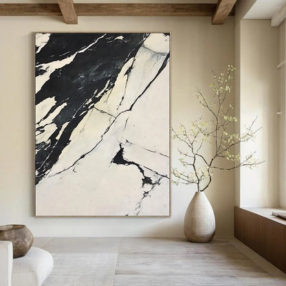 Contemporary abstract artwork featuring high-contrast black and white marble design with flowing forms on a snowy backdrop inspired by Claude Monet. DLZ1544