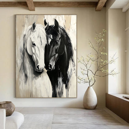 Contemporary large canvas painting featuring detailed black and white horses in love on a serene beige background with atmospheric brush strokes. DLZ1661