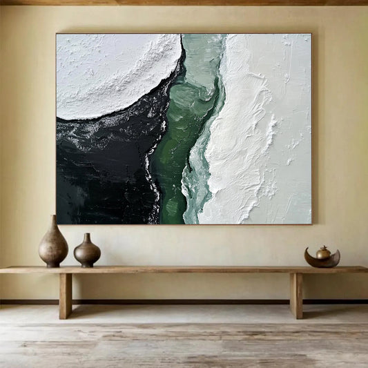 “Contrast of Textured Shapes” - White, Black, Green, Textured Abstract Painting On Canvas HB0732