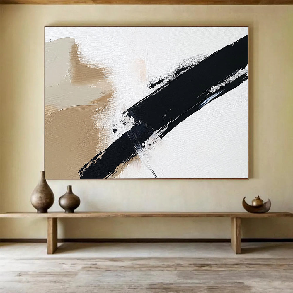 “Beige - Black Diagonal Brushstroke” - Beige, Black, Dynamic Stroke Painting On Canvas HB0802