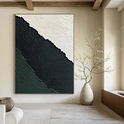 Contemporary abstract art features a textured paper design in black white and green against a dark gray background for a minimalistic elegance. DLZ1249