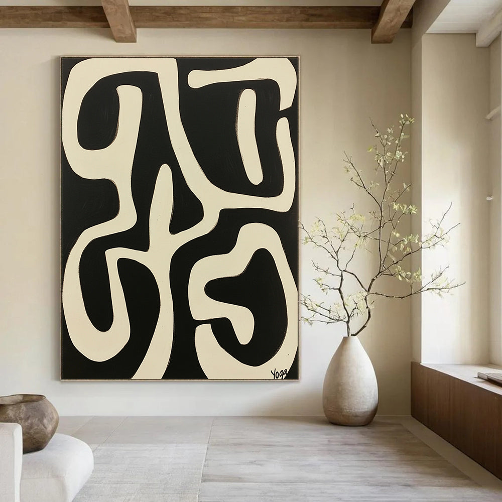 Vibrant contemporary abstract art featuring "Yoga" in bold white against a striking black background inspired by Peter Max and Victor Vasarely. DLZ1710