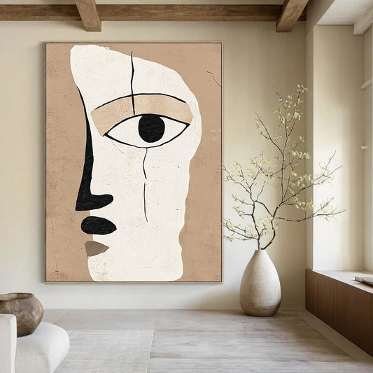 Contemporary abstract artwork featuring a minimalistic face design with an eye in warm beige and white tones, inspired by Henri Matisse. DLZ1311