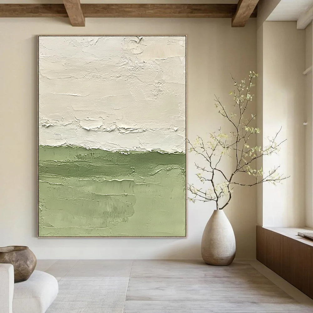 Contemporary abstract painting with vibrant green water soft brushstrokes and minimalist design highlighting fluidity and tranquility on a large canvas. DLZ1416