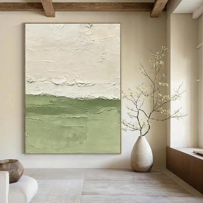Contemporary abstract painting with vibrant green water soft brushstrokes and minimalist design highlighting fluidity and tranquility on a large canvas. DLZ1416