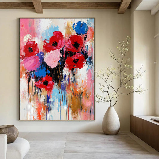 Expressive contemporary abstract painting of flowers in vibrant red pink and blue with thick brushstrokes and texture capturing the warmth of springtime. DLZ0982