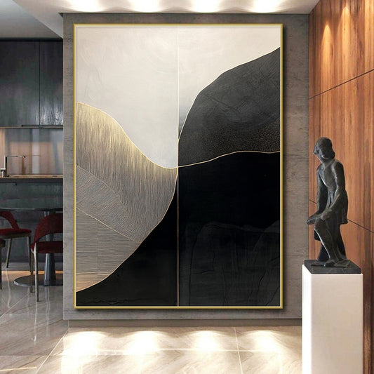 Black, White, Gold, Curved Geometry "Gilded Horizon" Abstract Modernist Painting On Canvas HB140