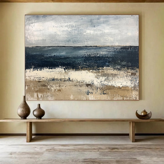 “Abstract Coastal Landscape” - Blue, Gray, Beige with Textured Layers - Painting On Canvas HB1392