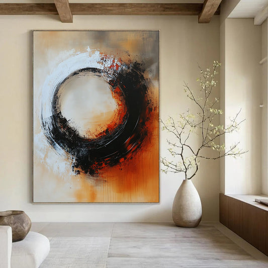 Large contemporary hand-painted abstract artwork featuring a circular composition with warm tones and mysterious elements in dark gray and soft reds. DLZ0702