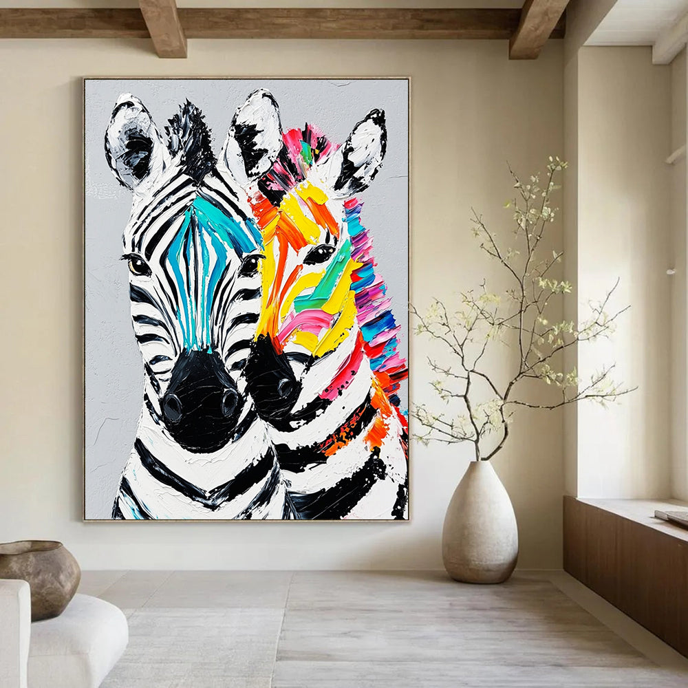 Contemporary hand-painted abstract artwork featuring two vibrant zebra heads with textured fur details against a gray background. DLZ1231