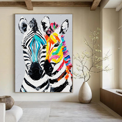 Contemporary hand-painted abstract artwork featuring two vibrant zebra heads with textured fur details against a gray background. DLZ1231