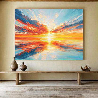 “Vibrant Sunset Over Sea” - Oranges, Reds, Yellows, Blues, Ocean Sunset - Expressionist Oil Painting HB1577