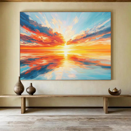 “Vibrant Sunset Over Sea” - Oranges, Reds, Yellows, Blues, Ocean Sunset - Expressionist Oil Painting HB1577