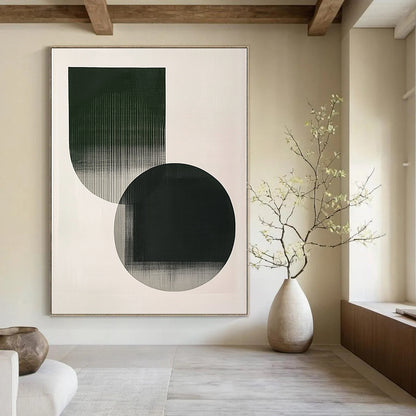 Contemporary abstract art featuring minimalistic shapes in emerald green and grey with delicate strokes on a serene white background. DLZ1621