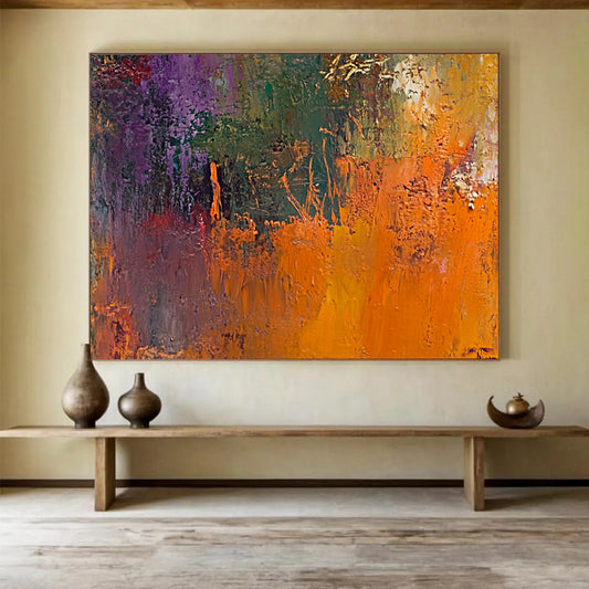 “Vibrant Textured Abstract” - Purple, Green, Orange with Thick Impasto - Painting On Canvas HB1394